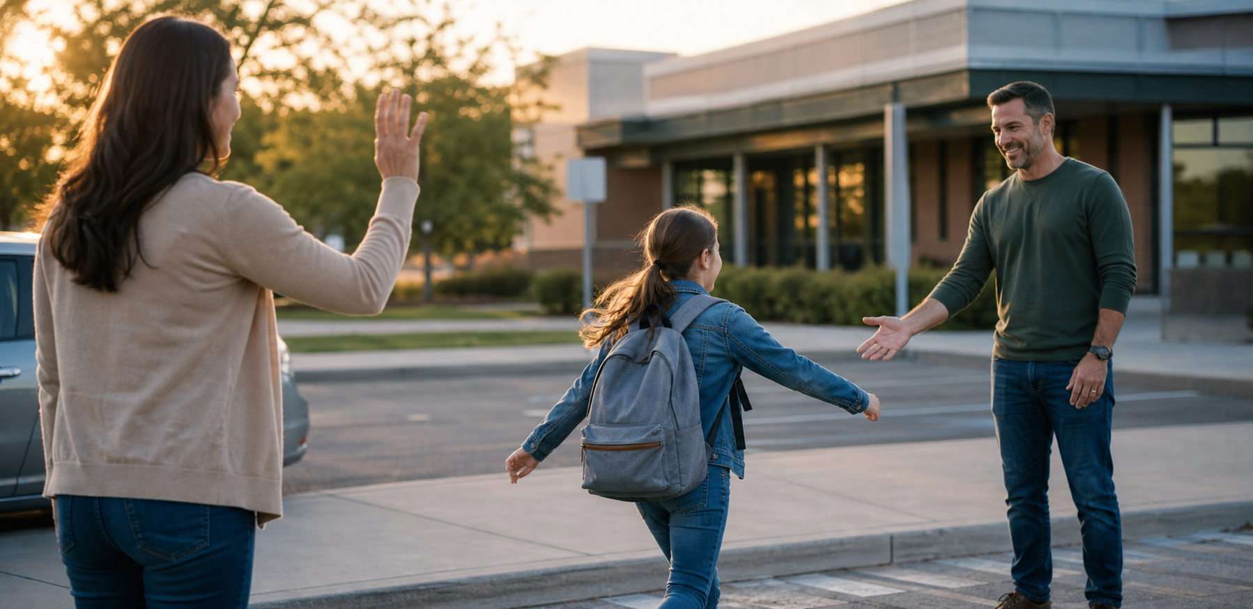 Separated co-parents at a child handoff
