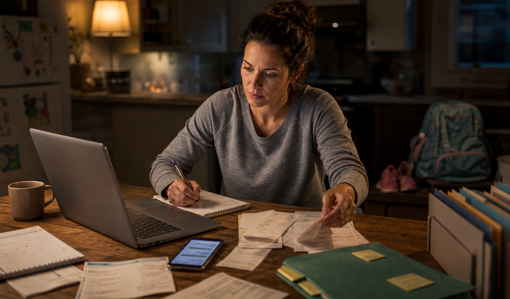 Parent organizing co-parenting documentation at night