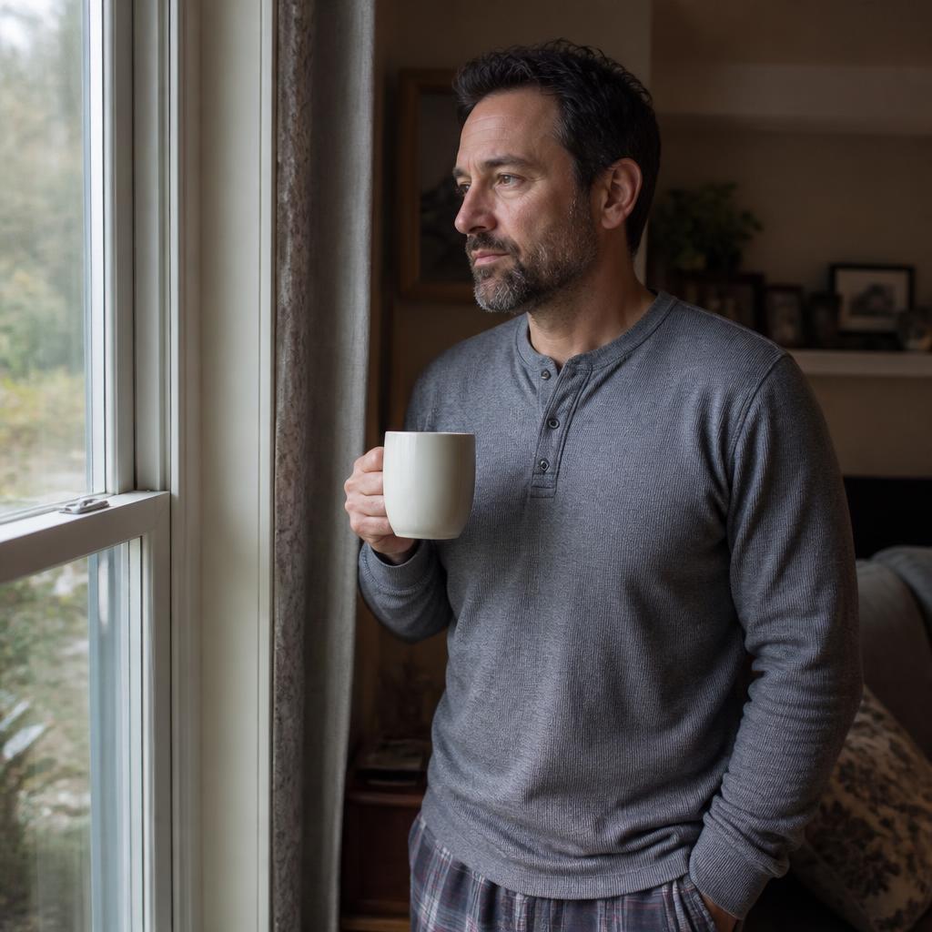 A father standing by a window with a coffee, taking a quiet moment to think